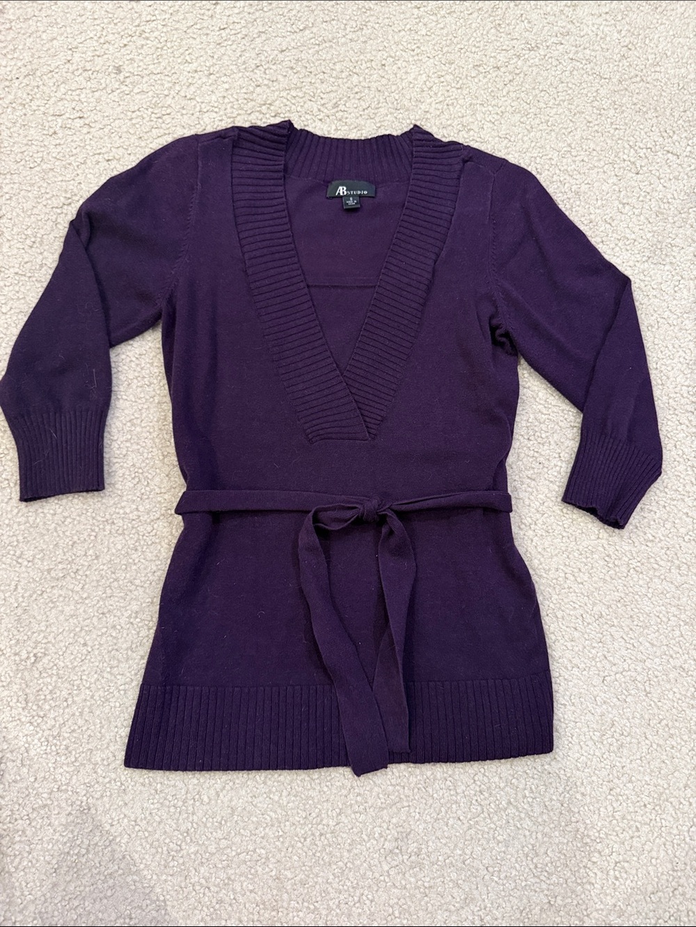 AB Studio Purple V-Neck Belted Women's Sweater